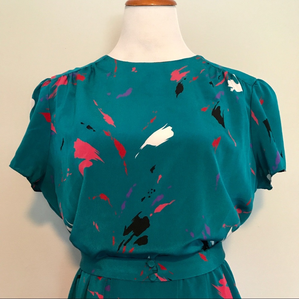Authentic vintage 80’s teal paint strokes dress XL - Picture 3 of 5